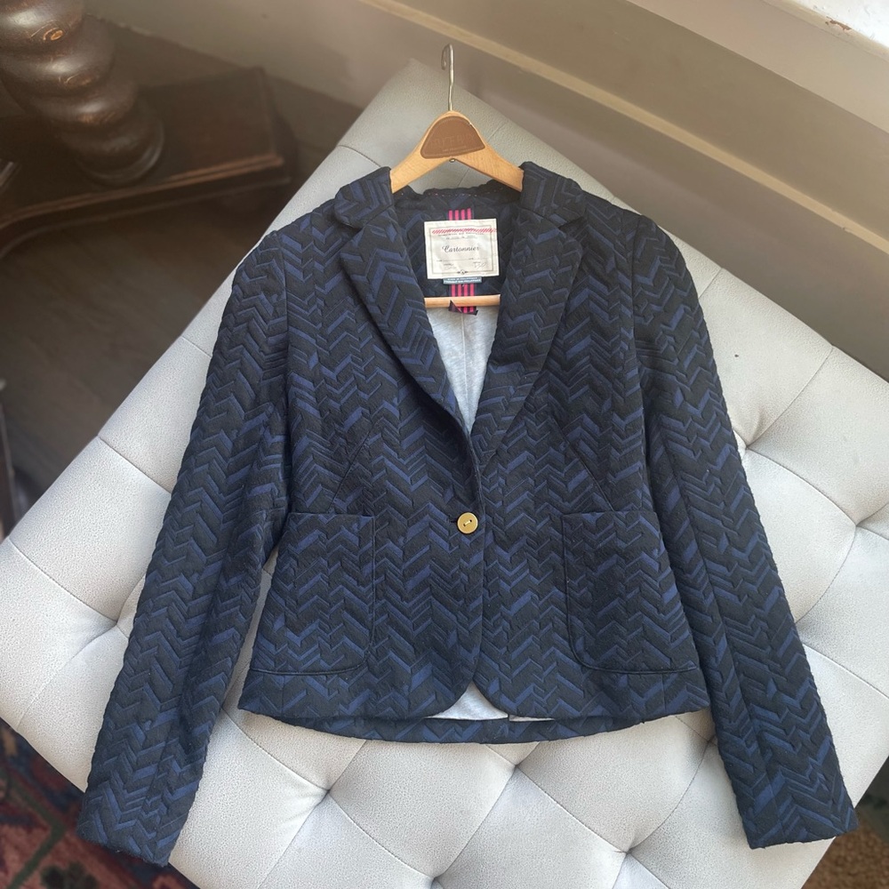 NWOT Anthropologie Cartonnier Blue and Black Chevron One Button Blazer- Sz. 00